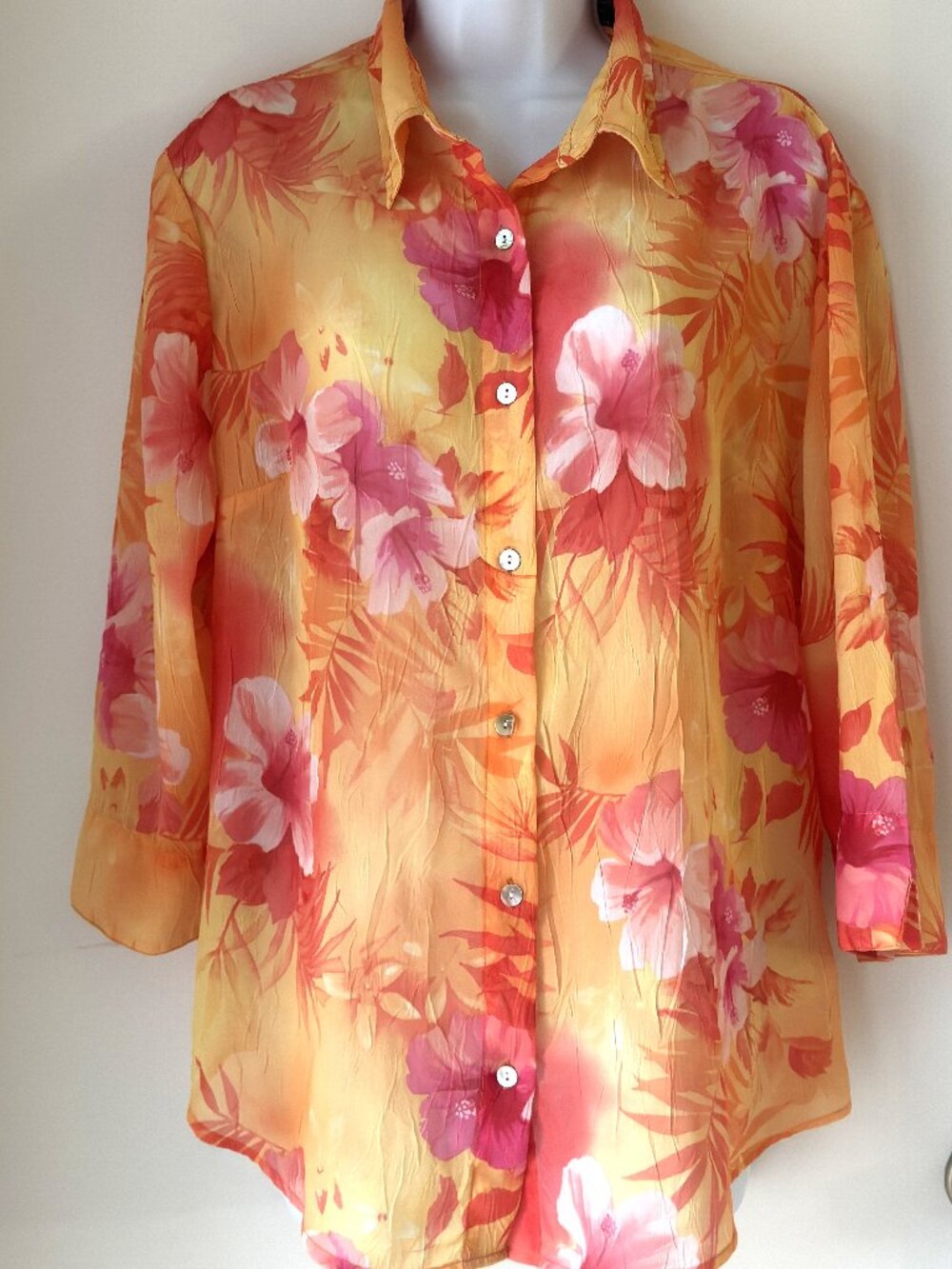 Lemon Grass Studio Blouse Womens Large L Yellow Orange Pink Floral Resort Top